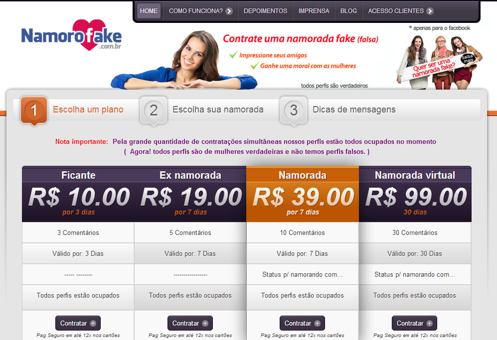 Interfaz de sitio web para un servicio que ofrece novias online falsas por una tarifa y muestra varios planes y precios.